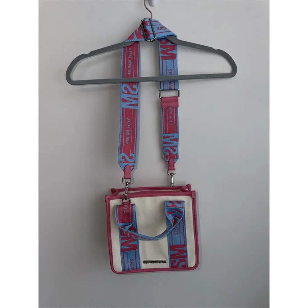 Steve Madden Cream Pink Blue Tik Tok Canvas Tote Bag Crossbody Purse BWEBBER